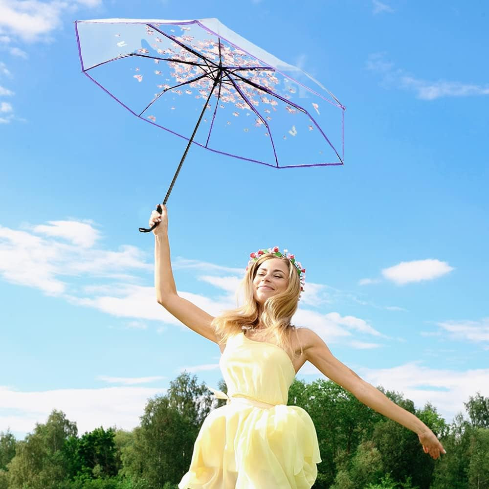 Cherry Blossom Butterfly Umbrella Transparent Clear Umbrellas 8 Ribs Folding Umbrellas for Adult Kids Men and Women of All Ages (Purple)