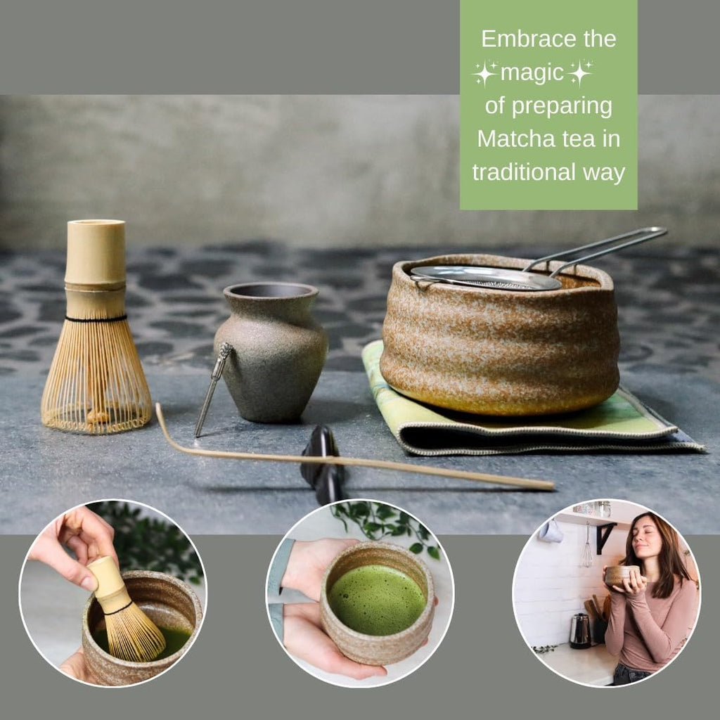 8Pcs Traditional Japanese Matcha Tea Set - Matcha Tea Ceremony Kit with Whisk, Bowl, Sifter, Scoop, Scoop Holder, & Cleaning Brush for Matcha Lattes & Ceremonial-Grade Japanese Tea