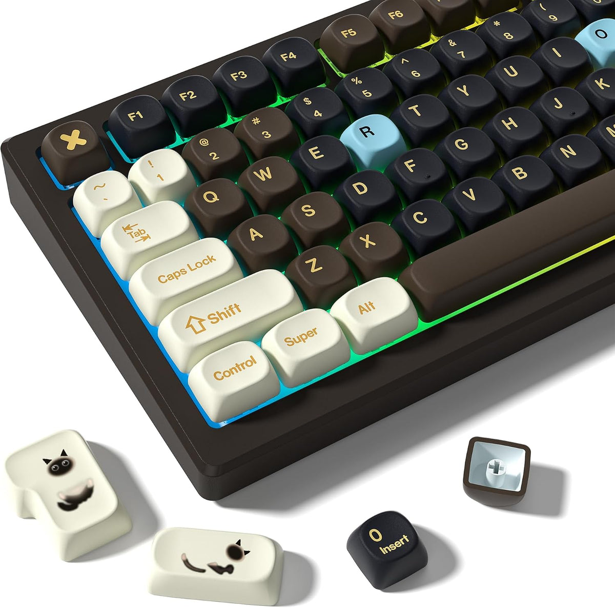 MOA Profile PBT Keycaps,132 Keys Janese Style Keycap Set with Cute Icons, Dye-Sublimation, MOA Profile,Cream Brown Theme for Most 60% 65% 75% 80% 100% US Layout Cherry MX Switches Mechanical Keyboard