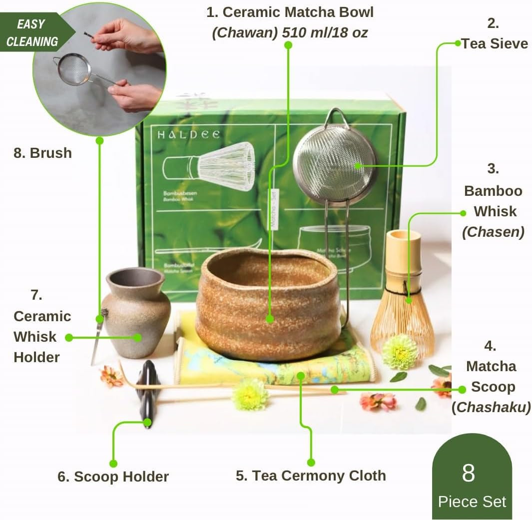8Pcs Traditional Japanese Matcha Tea Set - Matcha Tea Ceremony Kit with Whisk, Bowl, Sifter, Scoop, Scoop Holder, & Cleaning Brush for Matcha Lattes & Ceremonial-Grade Japanese Tea
