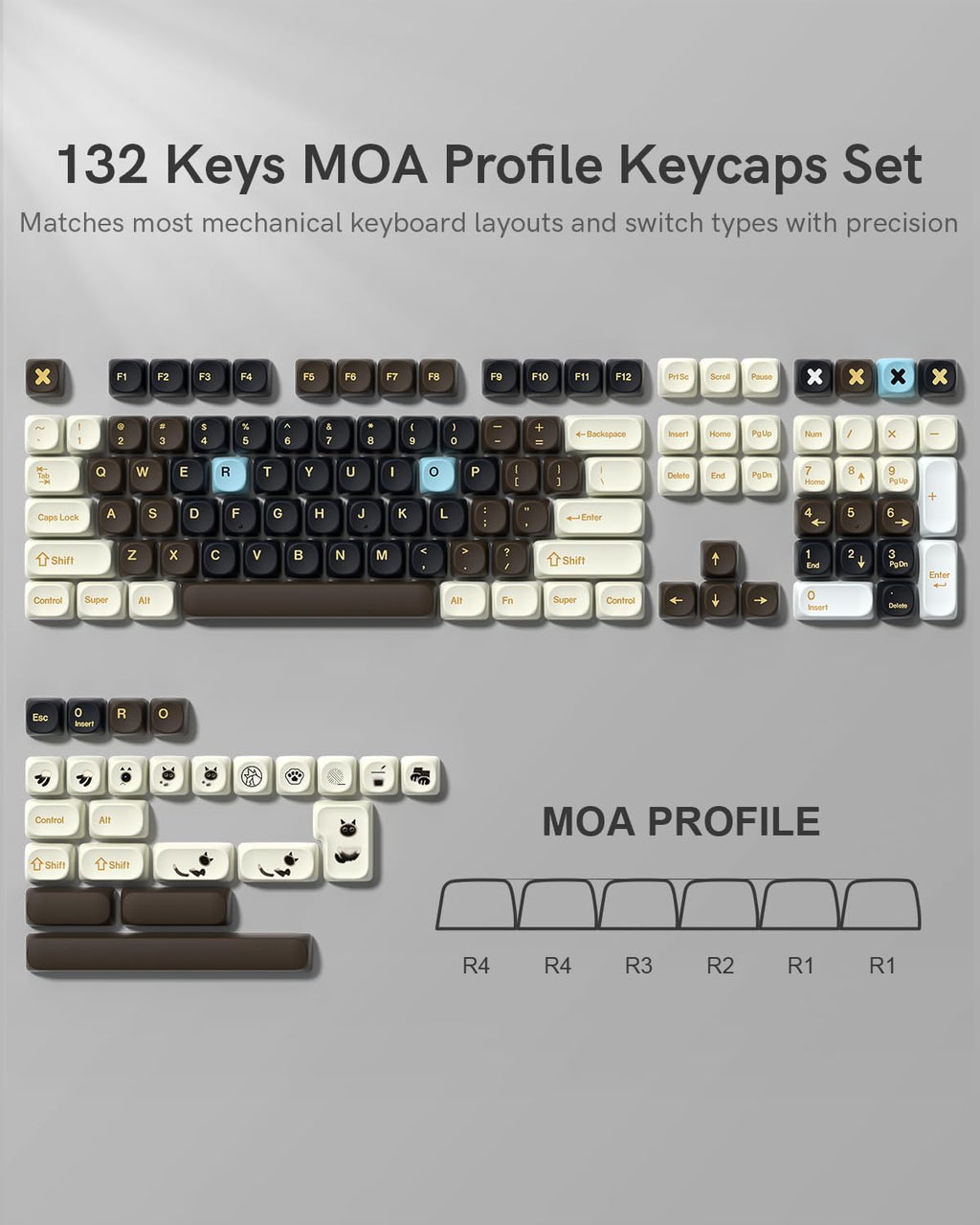 MOA Profile PBT Keycaps,132 Keys Janese Style Keycap Set with Cute Icons, Dye-Sublimation, MOA Profile,Cream Brown Theme for Most 60% 65% 75% 80% 100% US Layout Cherry MX Switches Mechanical Keyboard