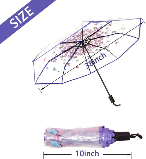 Cherry Blossom Butterfly Umbrella Transparent Clear Umbrellas 8 Ribs Folding Umbrellas for Adult Kids Men and Women of All Ages (Purple)