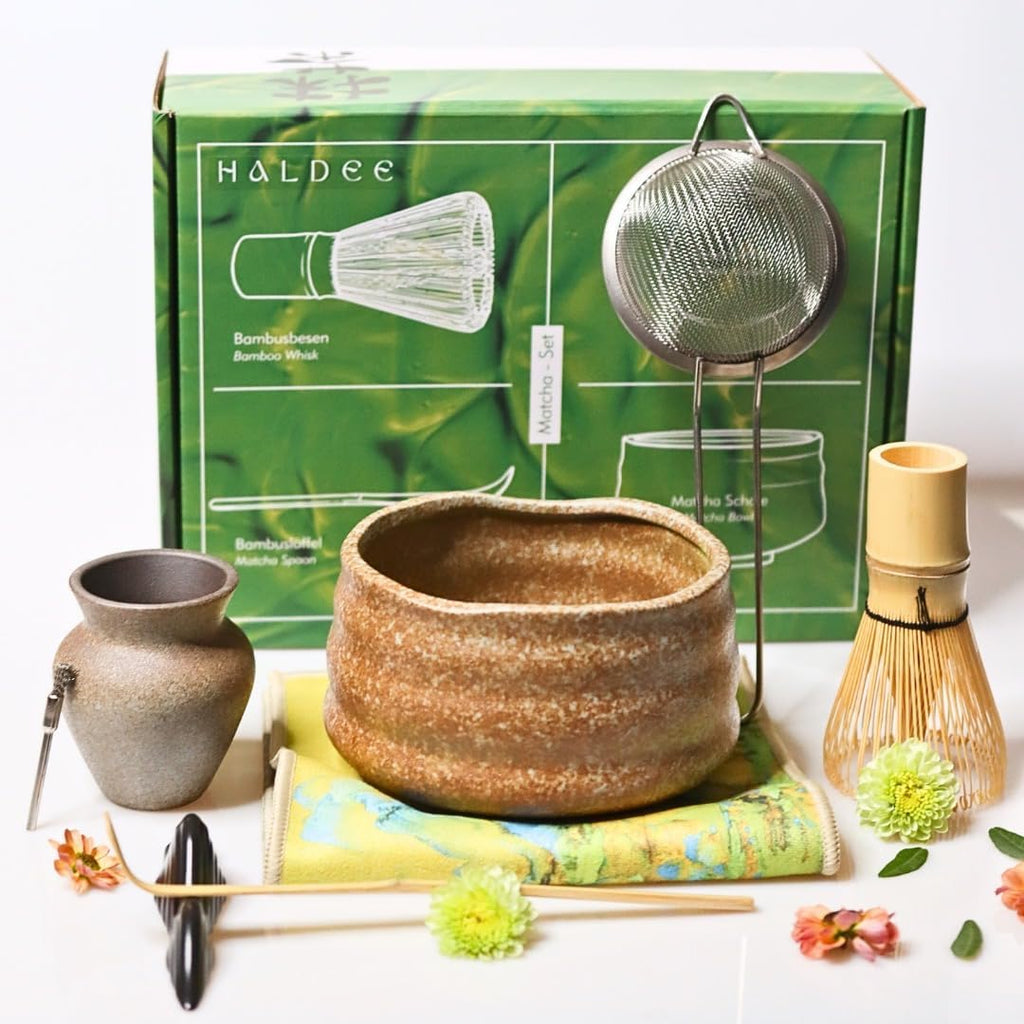 8Pcs Traditional Japanese Matcha Tea Set - Matcha Tea Ceremony Kit with Whisk, Bowl, Sifter, Scoop, Scoop Holder, & Cleaning Brush for Matcha Lattes & Ceremonial-Grade Japanese Tea