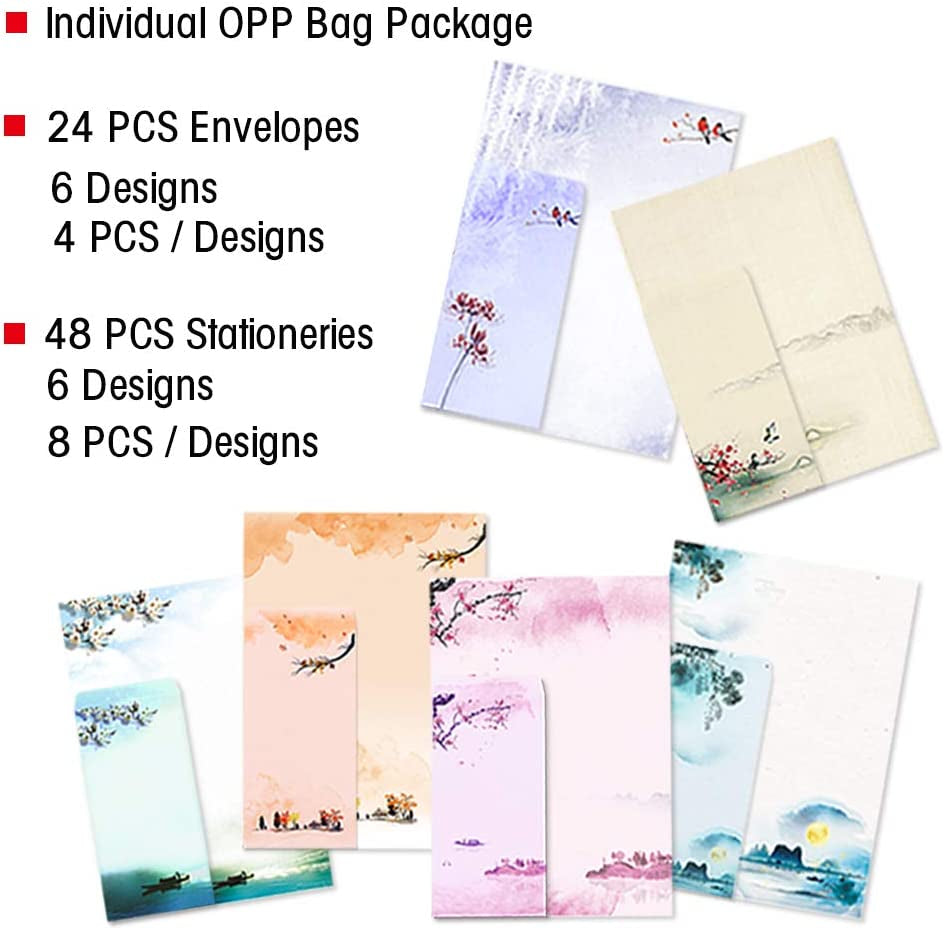 Stationary Set Japanese Stationery Letter Writing Paper, 48 Pack Stationary Paper and Envelopes Set Ink Painting Design - 48 Stationary Papers + 24 Envelopes
