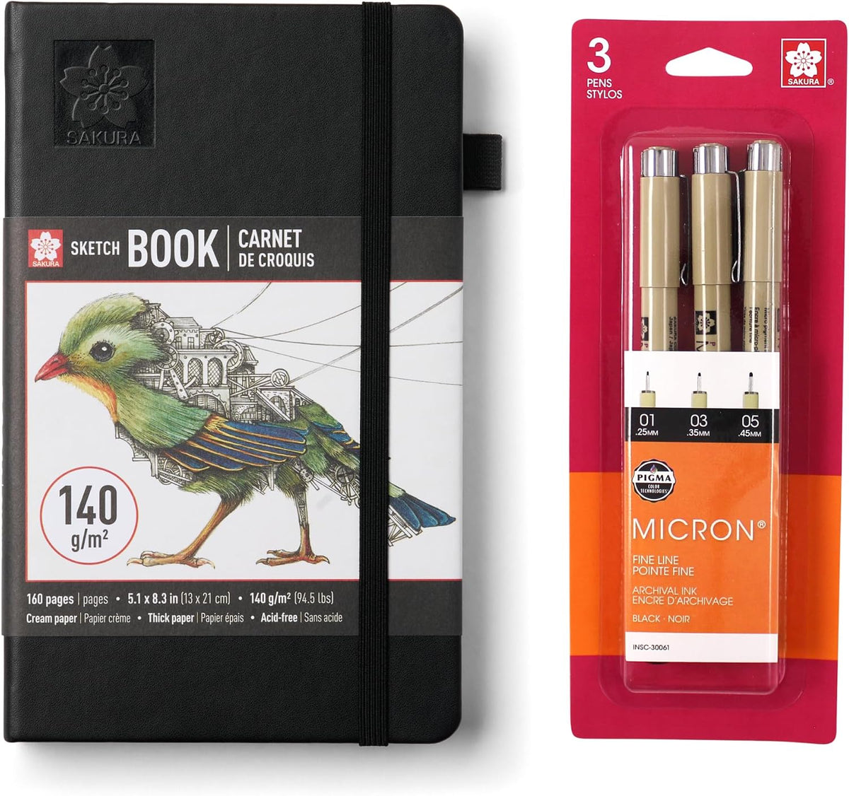 A5 Sketchbook & Pigma Micron Bundle, 3-Pack Fineliner Pen Set