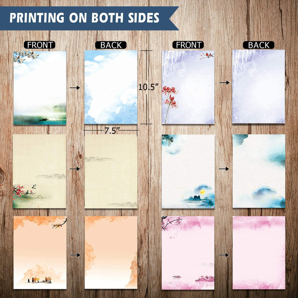Stationary Set Japanese Stationery Letter Writing Paper, 48 Pack Stationary Paper and Envelopes Set Ink Painting Design - 48 Stationary Papers + 24 Envelopes