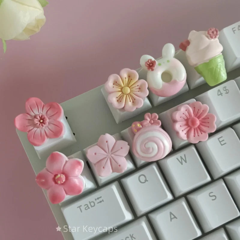 Custom Pink Kawaii Sakura Keyboard Keycaps Flower Artisan Key Caps for Cross Shaft Mechanical Keyboard Game Accessories