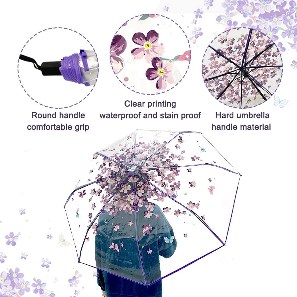 Cherry Blossom Butterfly Umbrella Transparent Clear Umbrellas 8 Ribs Folding Umbrellas for Adult Kids Men and Women of All Ages (Purple)