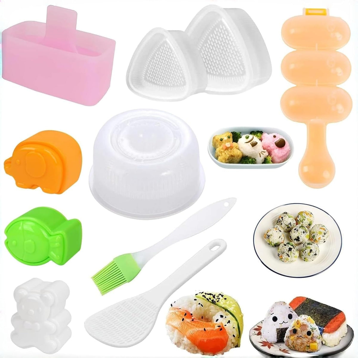 10 Pcs Onigiri Mold Set, Rice Mold Musubi Maker Mold Kit, Non Stick Musubi Maker Press Rice Ball Mold Shaker Donut Shaper Sushi Maker Tool for Kids Bento Lunch and Home DIY