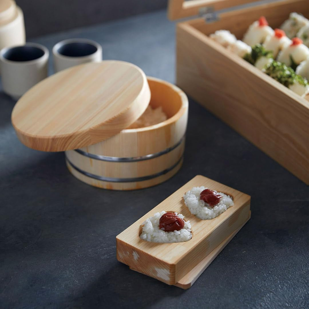 Wooden Onigiri Mold Musubi Maker Japanese Rice Ball Press Hinoki Japanese Cypress Onigiri Mold Tray Made in Japan (Type1 5 Molds)