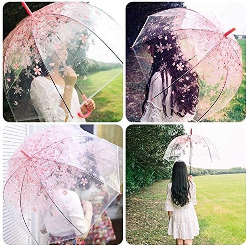 Cherry Blossoms Umbrella Cute Transparent Bubble Umbrella Clear Dome Semi-Automatic Sunny Umbrella for Kids Girls Boys or Women Romantic Windproof Wedding Decoration Umbrella