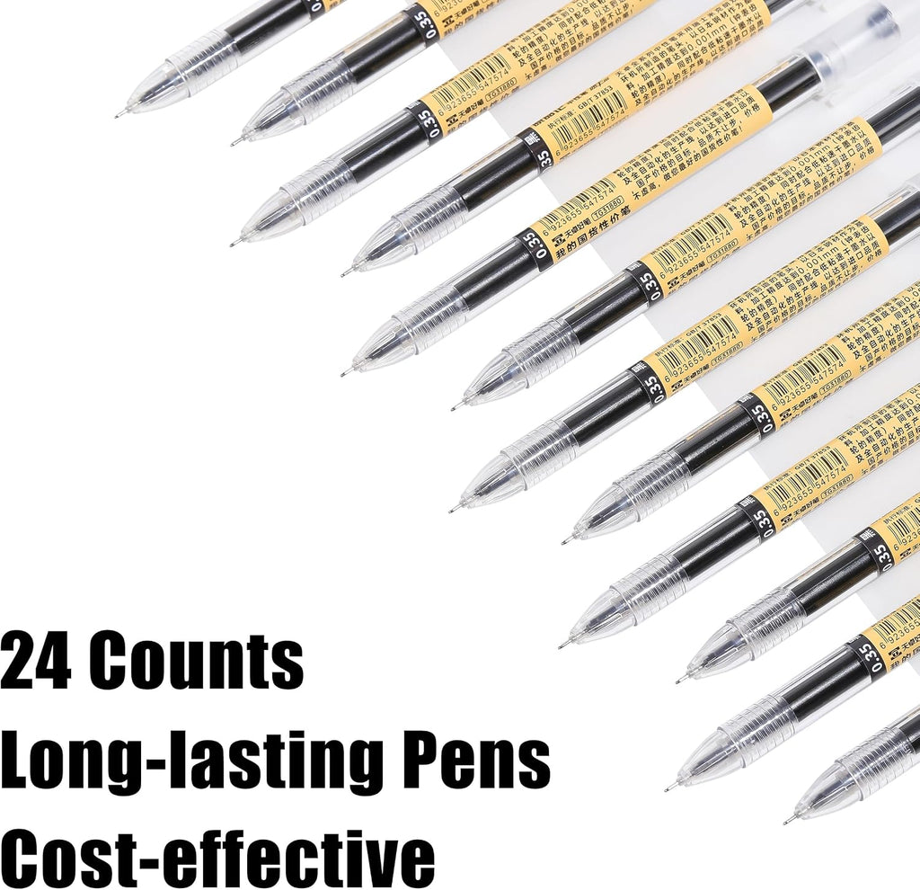 Japanese Style Black Gel Ink Pens, 0.35Mm Extra Fine Point, No Smudge Quick Drying, Japanese Ink Pen for Journal Planners, Thin Notebook Paper, Office School Supplies, 24 Pack, Writing Drawing