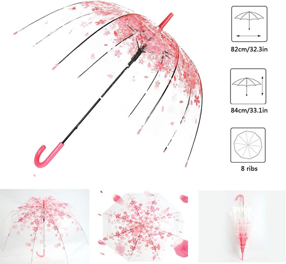 Cherry Blossoms Umbrella Cute Transparent Bubble Umbrella Clear Dome Semi-Automatic Sunny Umbrella for Kids Girls Boys or Women Romantic Windproof Wedding Decoration Umbrella