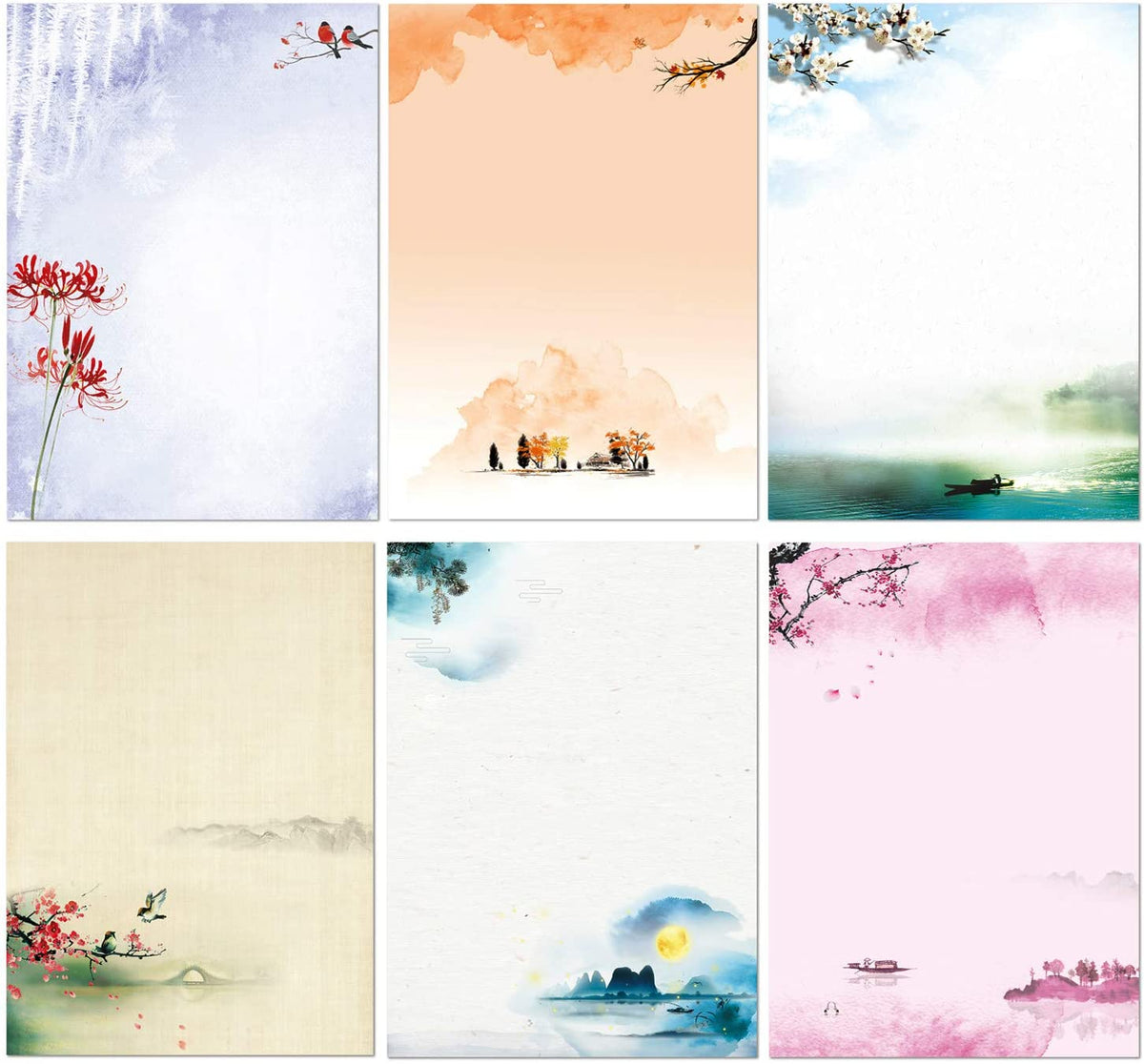 Stationary Set Japanese Stationery Letter Writing Paper, 48 Pack Stationary Paper and Envelopes Set Ink Painting Design - 48 Stationary Papers + 24 Envelopes